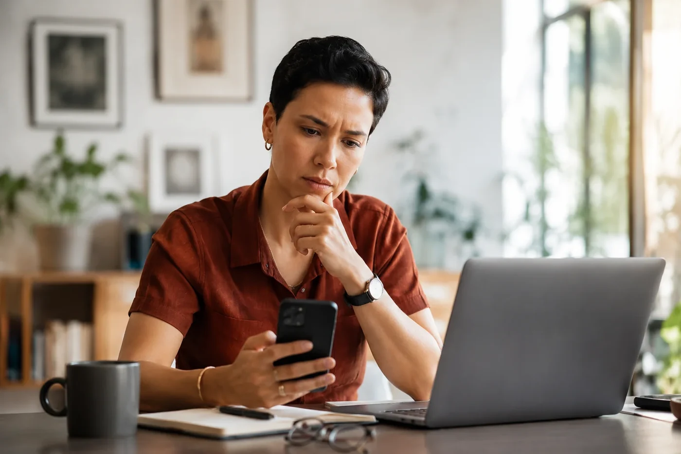 A small business owner reviewing their website on a laptop and phone