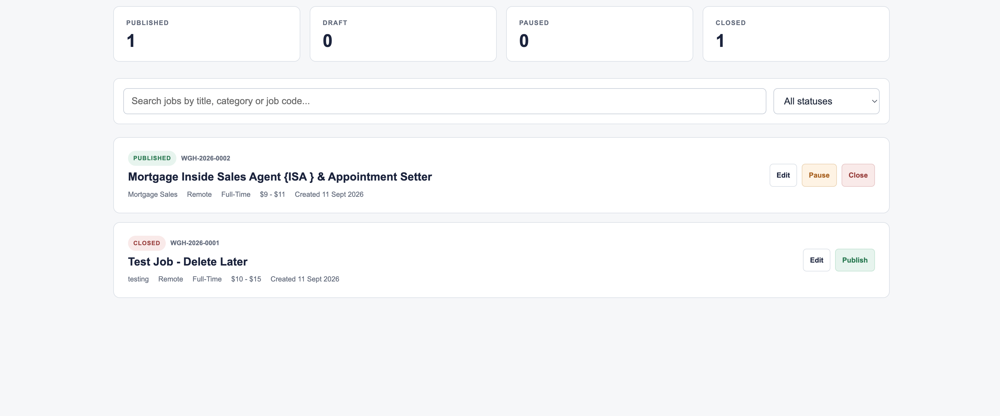 Screenshot of an internal job-posting management panel, with company branding removed