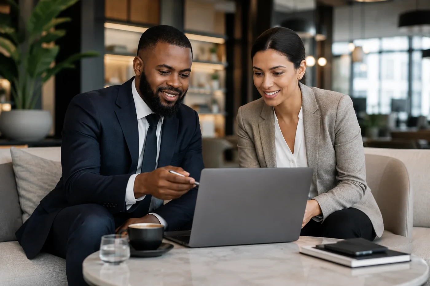 A Credira team member reviewing website plans together with a client