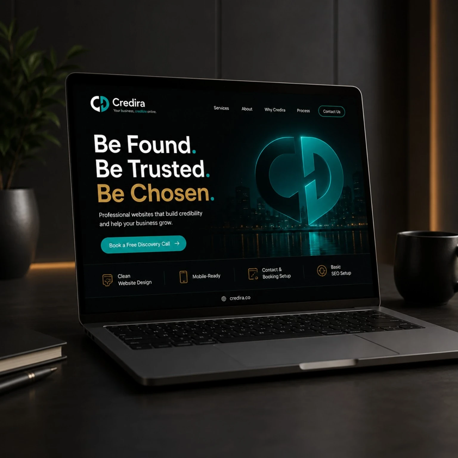 Credira website preview shown on a laptop screen, displaying the headline 'Be Found. Be Trusted. Be Chosen.'