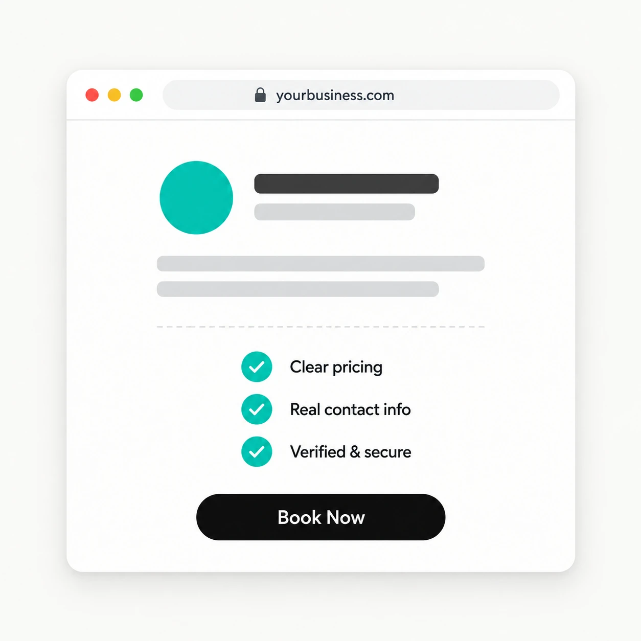 A mockup of a clean, trustworthy business website with clear pricing, real contact info, a verified and secure badge, and a Book Now button
